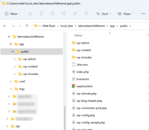 Screenshot capture of PC file explorer showing folders and files in a local WordPress website.
