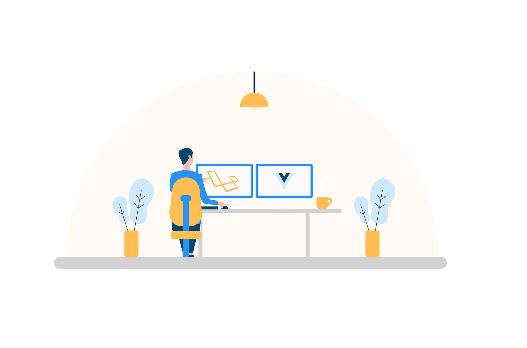 Graphic of programmer viewing multiple screens