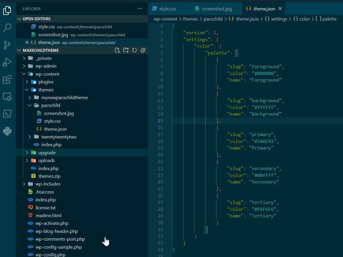 SCreenshot of Visual Studio code showing files in WordPress block theme