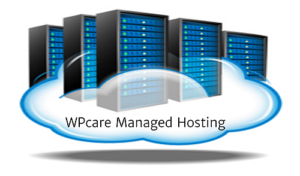 Graphic showing servers sitting on a cloud with eh words WPcare Managed Hosting